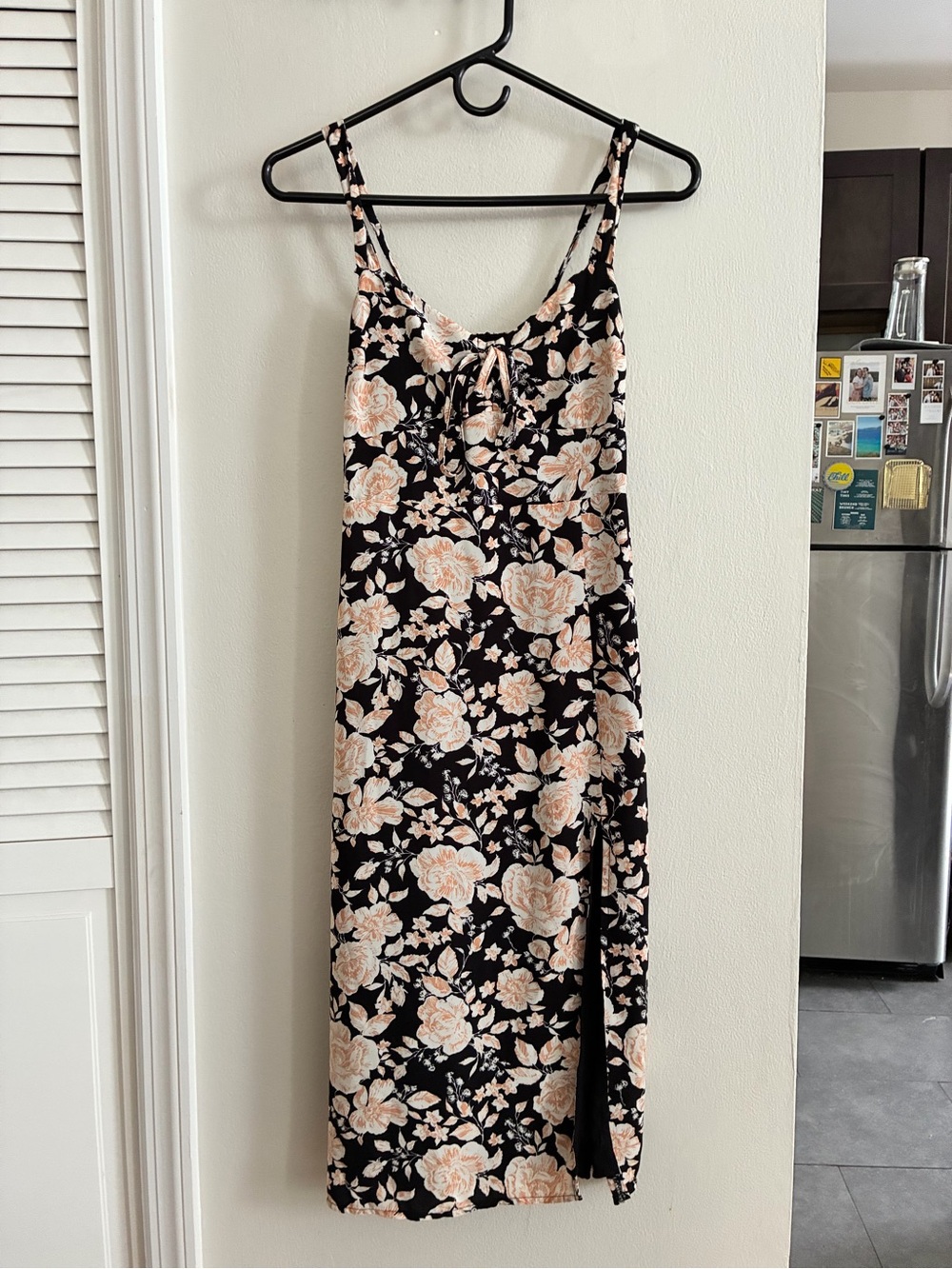 Floral Midi Dress in Black and Peach